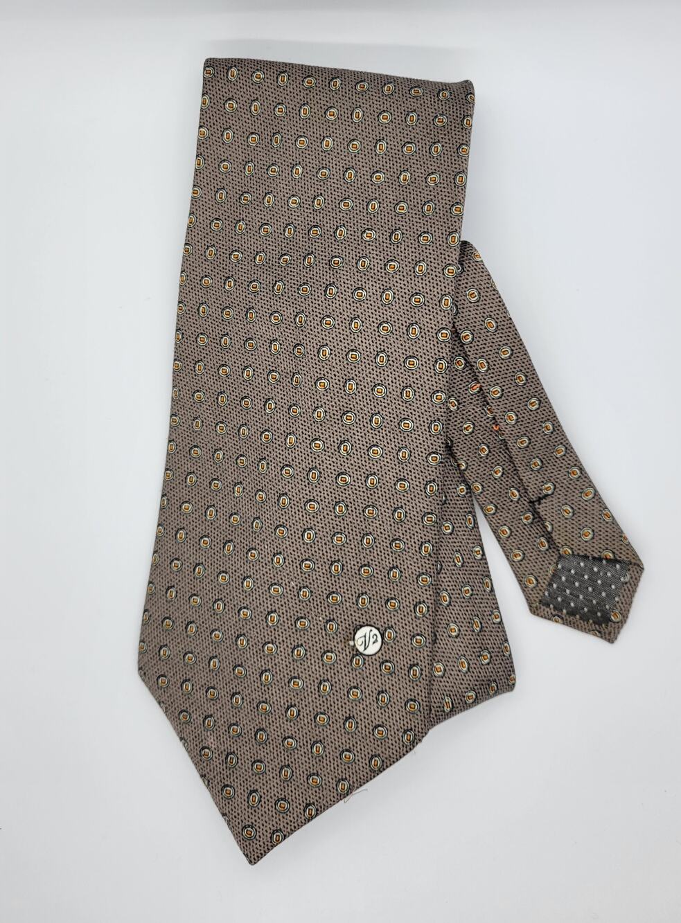 Vintage Gianni Versace V2 Men's Silk Tie Taupe Grey Geometric Medallion